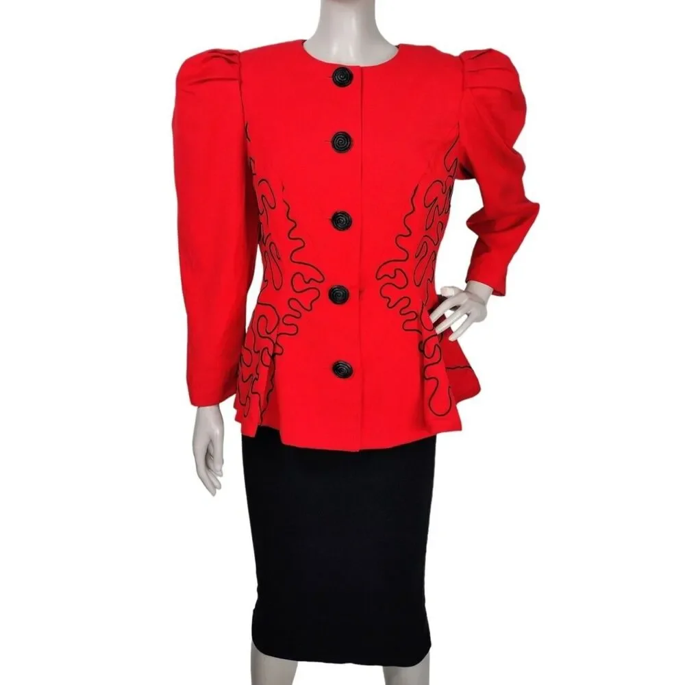 VTG 80s Does 40s Leslie Lucks Soutache High Shoulder Puff Sleeve Peplum Blazer